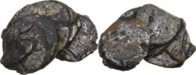 CONGLOMERATION OF SUBERATE DENARII Roman Republic, c. 2nd - 1st century BC. Agglomeration of Roman suberate denarii joined one above the other. Lenght...