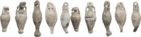 FIVE LEAD MINIATURISTIC AMPHORAE Roman period, c. 3rd century BC - 3rd century AD. Lot of five (5) cast lead weights from frame in the form of miniatu...