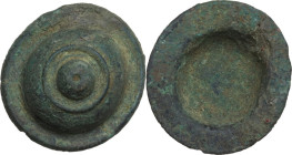 ROMAN BRONZE STUD Roman period, c. 1st - 2nd century AD. Circular stud with concave profile with pointed central umbo. Width: 36.50 mm. Weight: 21.53 ...