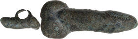 ROMAN PHALLIC AMULET Roman period, c. 1st-2nd century AD. Cast bronze pendant in the form of male genitals with realistic rendered details, surmounted...