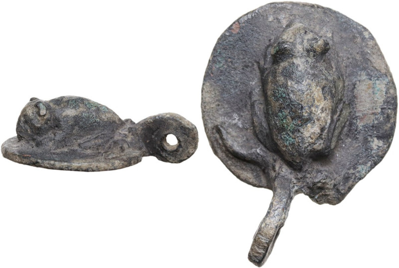 ROMAN PENDANT WITH MOUSE Roman period, c. 1st-3rd century AD. Bronze pendant wit...