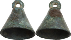 CONICAL BRONZE BELL Roman period to Medieval, c. 1st - 8th century AD. Conical bronze bell, with suspension ring. Dimensions: 45 x 40 mm. Weight: 42.3...