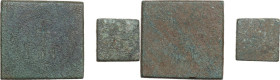 TWO BYZANTINE BRONZE WEIGHTS Early Byzantine period, c. 4th to 8th century AD. Lot of two (2) byzantine square weights, one of three ounce and the oth...