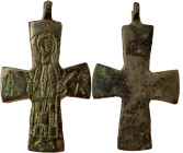 BYZANTINE ENGRAVED CROSS Byzantine period, c. 8th-12th century AD. Bronze cross pendant with the engraved depiction of Madonna Orans in line engraving...