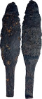 IRON DAGGER Medieval Age. Iron dagger with lanceolate blade and curved pommel handle end. 215 mm. Stabilized rust, small restoration at the top, very ...