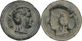 NEOCLASSICAL PERIOD PLAQUE Europe, XVIII century AD. Round embossed bronze sheet depicting a female head with complex hair. Beaded edge. Width: 25 mm....