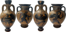 TWO MODERN AMPHORAE 20th century. Lot of two (2) modern Greek-style amphorae; one decorated with a running figure on the right (possibly a Potnia Ther...