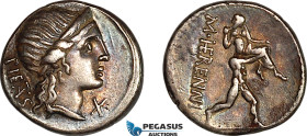 Roman Republic, M. Herennius (108-107 BC) AR Denarius (3.89g) Rome Mint., Obv.: Head of Pietas to right, wearing stephane; PIETAS downwards behind Rev...