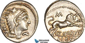 Roman Republic, L. Thorius Balbus (105 BC) AR Denarius (3.99g), Rome Mint., Obv.: I•S•M•R Head of Juno Sospita to right, wearing goat's skin headdress...