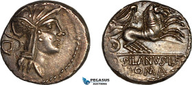 Roman Republic, D. Silanus L.f. (91 BC) AR Denarius (3.91g), Rome Mint., Obv.: Helmeted head of Roma right; C to left. Rev.: Victory driving galloping...