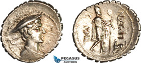 Roman Republic, C. Mamilius Limetanus (82-81 BC) AR Serrate Denarius (3.46g) Rome Mint., Obv.: Draped bust of Mercury right, wearing winged petasus. R...
