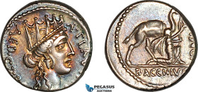 Roman Republic, A. Plautius Hypsaeus, as Curule Aedile (55 BC) AR Denarius (3.90g) Rome Mint., Obv.: Turreted head of Cybele right, wearing pendant ea...