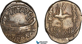 Roman Republic, Mark Antony (32-31 BC) AR Denarius (3.27g). Legionary type. Patrae(?) mint. Obv.: Praetorian galley right. Rev.: Aquila between two si...