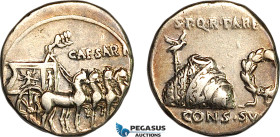 Roman Empire, Augustus (27 BC - AD 14) AR Denarius (3.74g) Colonia Patricia [?] (Hispania) Mint, struck ca. 18 BC, Obv.: Ornamented quadriga right, su...