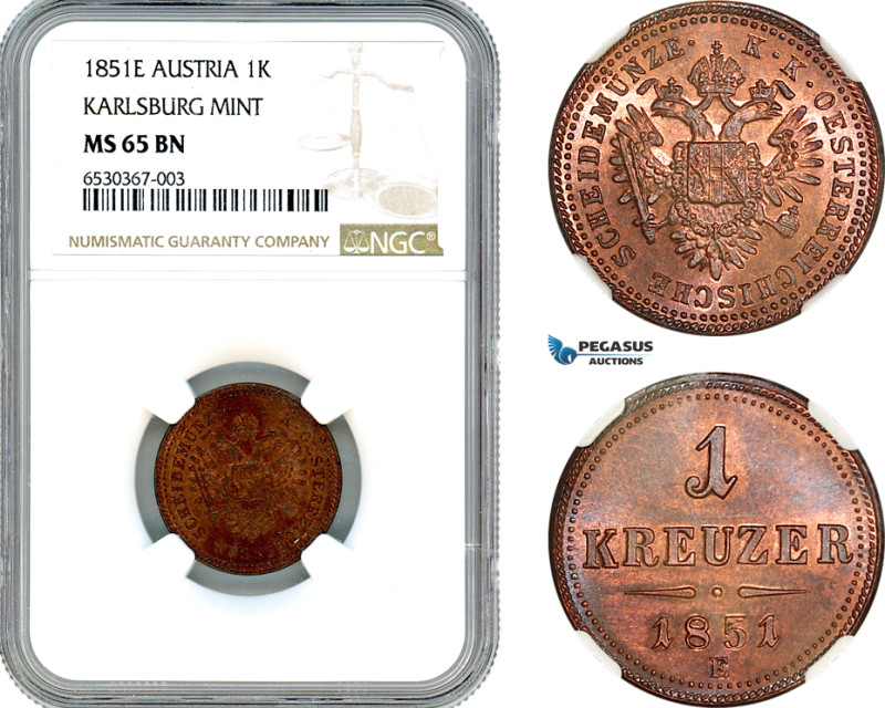 Austria, Franz Joseph, 1 kreuzer 1851 E, Karlsburg Mint, Herinek 868, Lovely lus...