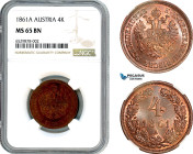 Austria, Franz Joseph, 4 Kreuzer 1861, Vienna Mint, KM-2294, Superb brown lovely lustrous example, NGC MS 65 BN, Top Pop