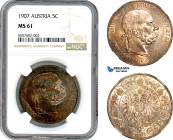 Austria, Franz Joseph, 5 Corona 1907, Vienna Mint, Silver, KM-2807, Lovely lustrous example, NGC MS61