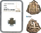 Bolivia, Ferdinand VI, Real 1753 P C, Potosi Mint, Silver, KM-37, NGC XF 40