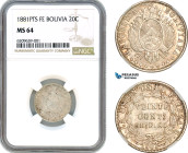 Bolivia, 20 Centavos 1881 PTS FE, Potosi Mint, Silver, KM-159.1, NGC MS 64