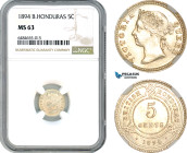 British Honduras, Queen Victoria, 5 Cents 1894, Silver, KM-7, Lovely lustrous example, NGC MS 63, Top Pop! Single finest graded!