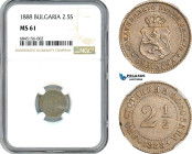 Bulgaria, Ferdinand I, 2 1/2 Stotinki 1888, Brussels Mint, Cu-Ni, KM-8, Rare, NGC MS 61