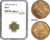 Bulgaria, Ferdinand I, 5 Stotinki 1888, Brussels Mint, Cu-Ni, KM-9, Lovely lustrous example, NGC MS 63