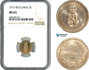 Bulgaria, Ferdinand I, 5 Stotinki 1913, Vienna Mint, Cu-Ni, KM-24, Lovely lustrous example, NGC MS 65