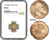 Bulgaria, Ferdinand I, 50 Stotinki 1910, Kremnitz Mint, Silver, KM-27, Lovely lustrous example, NGC MS 62
