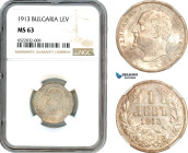 Bulgaria, Ferdinand I, Lev 1913, Vienna Mint, Silver, KM-32, Lovely lustrous example, NGC MS 63