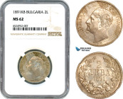 Bulgaria, Ferdinand I, 2 Leva 1891 KB, Kremnica Mint, Silver, KM-14, Lovely lustrous example and very rare in this condition, NGC MS 62
