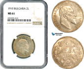 Bulgaria, Ferdinand I, 2 Leva 1910, Vienna Mint, Silver, KM-29, Lovely lustrous example and very rare in this condition, NGC MS 61