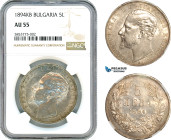 Bulgaria, Ferdinand I, 5 Leva 1894, Kremnitz Mint, Silver, KM-18, Light toning, NGC AU55