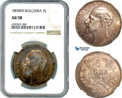 Bulgaria, Ferdinand I, 5 Leva 1894, Kremnitz Mint, Silver, KM-18, Light champagne toning, NGC AU58