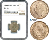 Bulgaria, Boris III, 20 Leva 1930 BP, Budapest Mint, Silver, KM-41, NGC MS 63