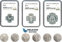 Cambodia, 10-20-50 centimes 1953, Essai (Pattern), Aluminium, Mintage: 1200 pieces each, KM-51,52,53, NGC MS 67,67,66