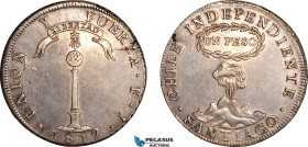 Chile, "Volcano" Peso 1817 FJ, Santiago Mint, Silver, KM-82.2, Old cleaning and now retoned! EF-AU, Rare!