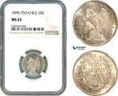 Chile, 20 Centavos 1899/7 SO, Overdate, Santiago Mint, Silver, KM-151.2, Lovely lustrous example, NGC MS 63, Pop 1/1