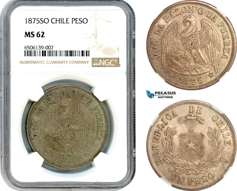 Chile, Peso 1875 SO, Santiago Mint, Silver, KM-142.1, Champagne toning, NGC MS 6...