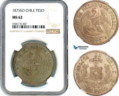 Chile, Peso 1875 SO, Santiago Mint, Silver, KM-142.1, Champagne toning, NGC MS 62