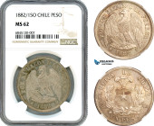 Chile, Peso 1882/1 SO, Overdate, Santiago Mint, Silver, KM-142.1, Lovely lustrous example, Champagne toning, rare condition, NGC MS 62