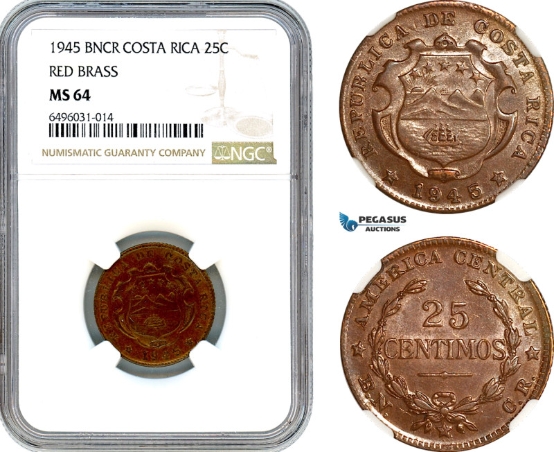 Costa Rica, 25 Centimos 1945 BNCR, KM-181, NGC MS 64