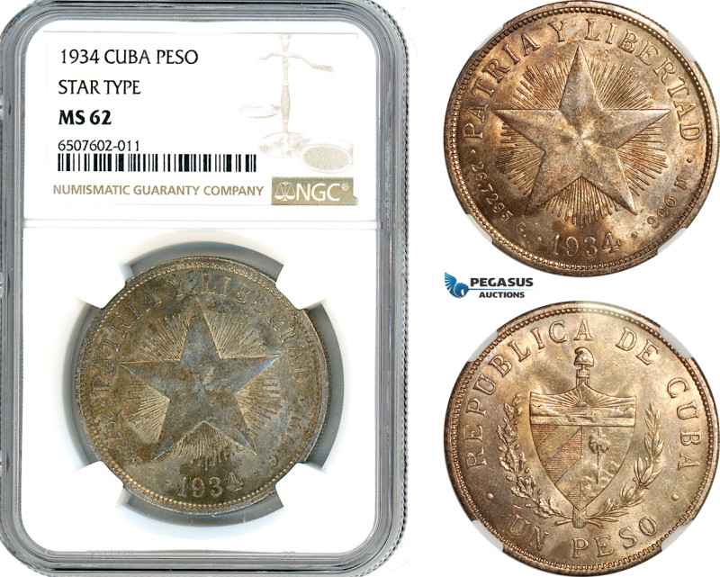 Cuba, Peso 1934, Philadelphia Mint, Silver, KM-15.2, NGC MS62