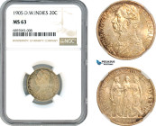 Danish West Indies, Christian IX, 20 Cents 1905, Copenhagen Mint, Silver, KM-79, Lustrous example with dark champagne toning, NGC MS 63