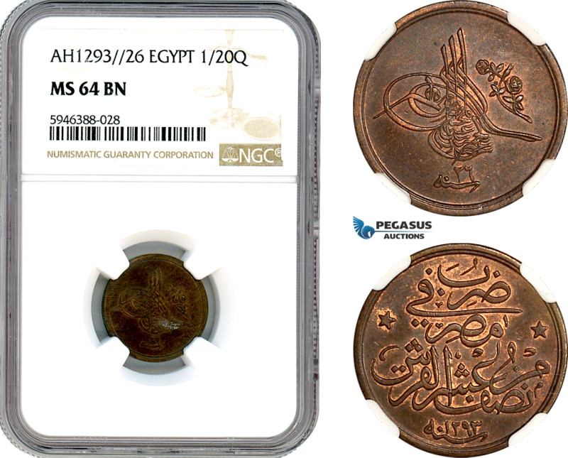 Egypt, Ottoman Empire, Abdul Hamid II, 1/20 Qirsh, AH1293//26, Misr Mint, Bronze...