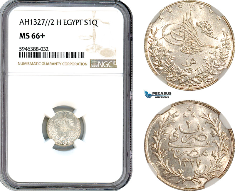 Egypt, Ottoman Empire, Mehmed V, 1 Qirsh, AH1327//2 H, Heaton Mint, Silver, KM-3...