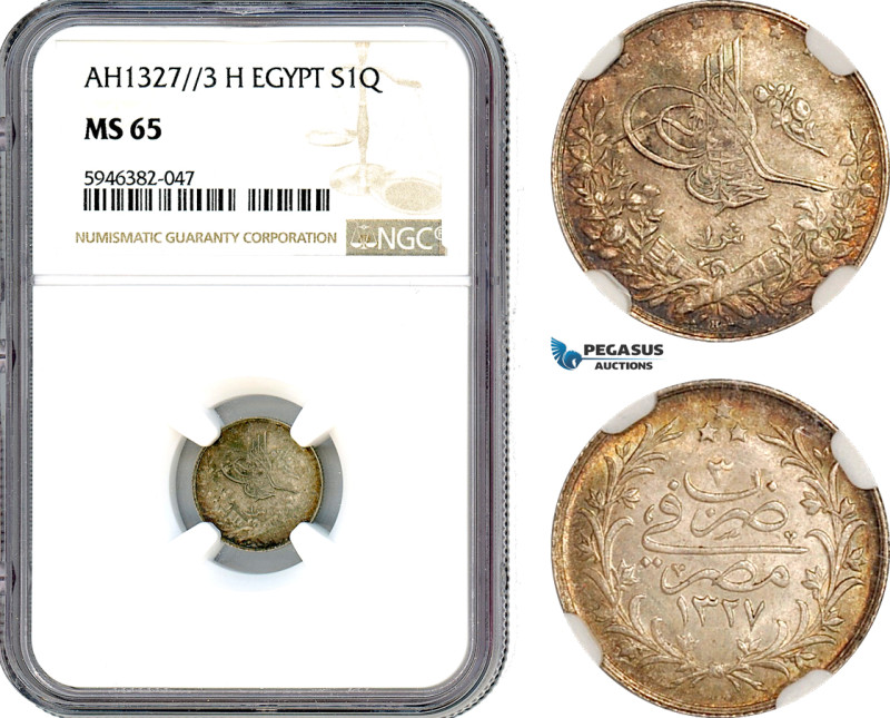 Egypt, Ottoman Empire, Mehmed V, 1 Qirsh, AH1327//3 H, Heaton Mint, Silver, KM-3...