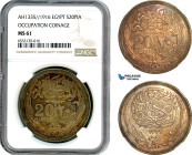 Egypt, British Occupation, Hussein Kamil, 20 Piastres, AH1335//1916, Bombay Mint, Silver, KM-321, Beautiful toning, NGC MS 61