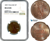 Finland, Nicholas II. of Russia, 5 Penniä 1897, Bit#442, MS 65 BN