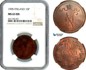 Finland, Nicholas II. of Russia, 10 Penniä 1905, Bit#429, NGC MS 63 BN, Rare so nice!