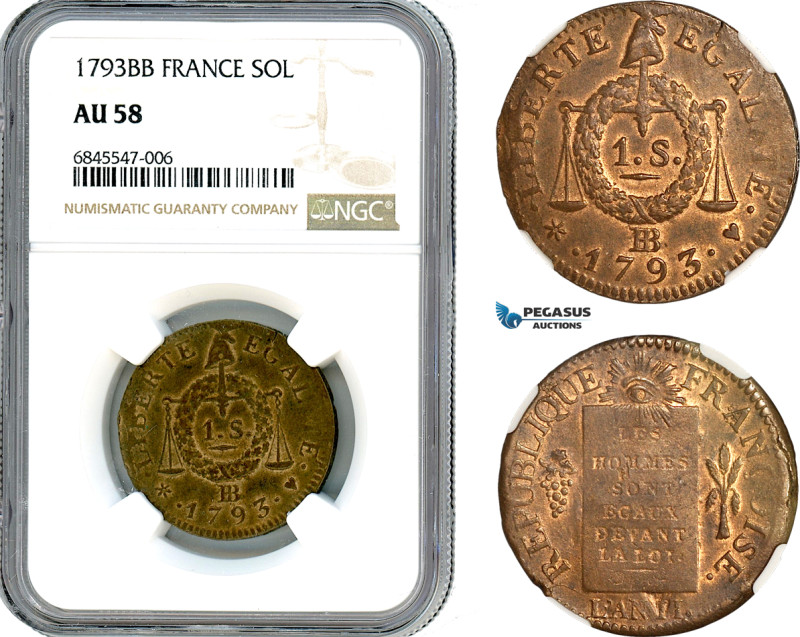 France, Sol 1793 BB, Strasbourg Mint, KM-619, Gad.19, NGC AU 58